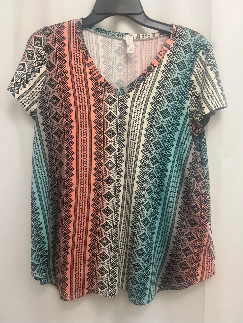 Honeyme V-Neck Short Sleeve Top - Coral, Teal, Cream